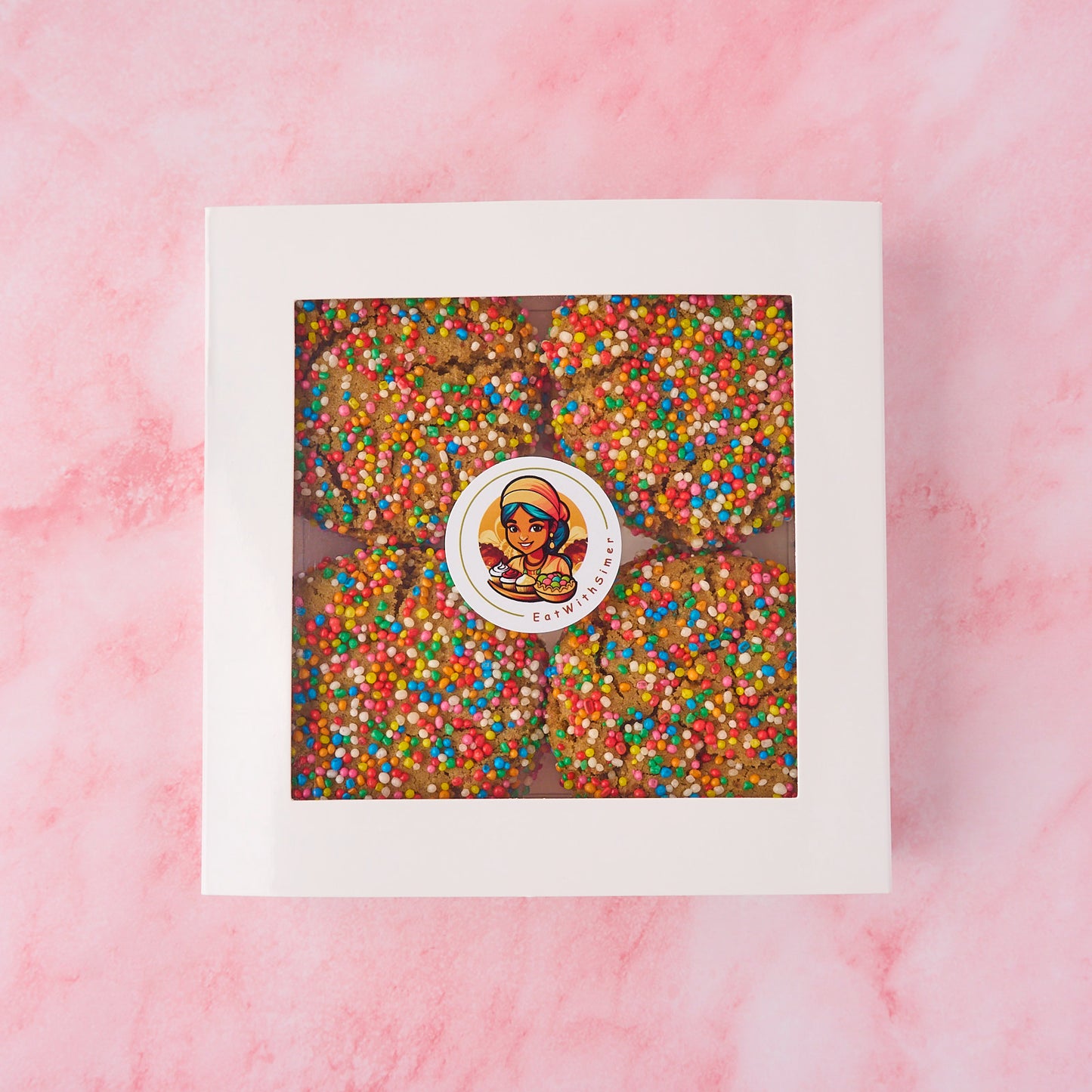 Funfetti cookies in a gift box with colourful sprinkles, eggless cookie box for gifting and sharing