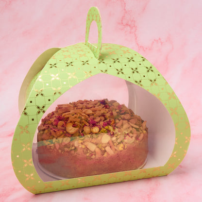 Green clear window cake gift box with handle, showing a 6 inch cake inside, suitable for gifting and celebrations by EatWithSimer