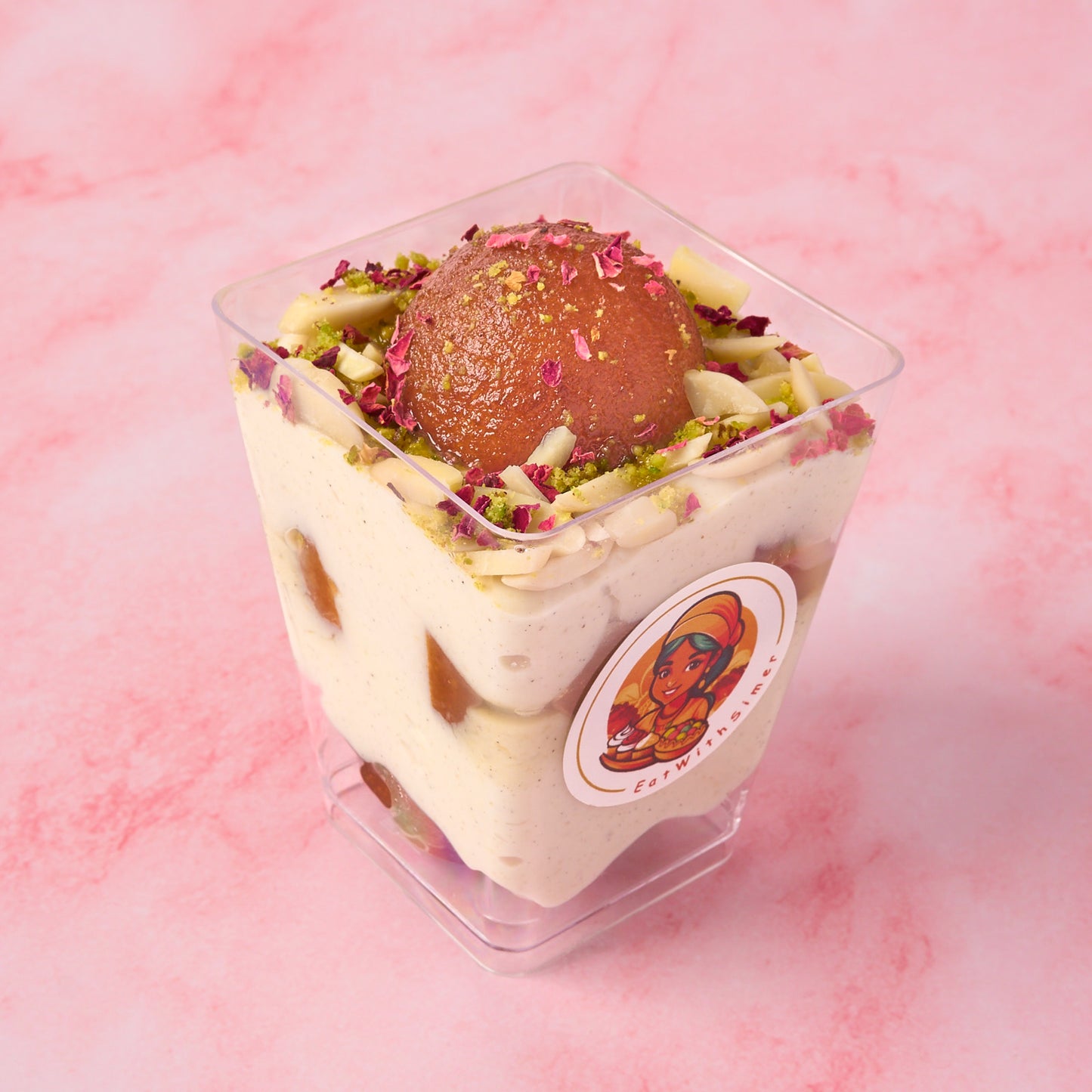 Large Gulab Jamun Rabdi Mousse Dessert Cup showing layered texture and garnish