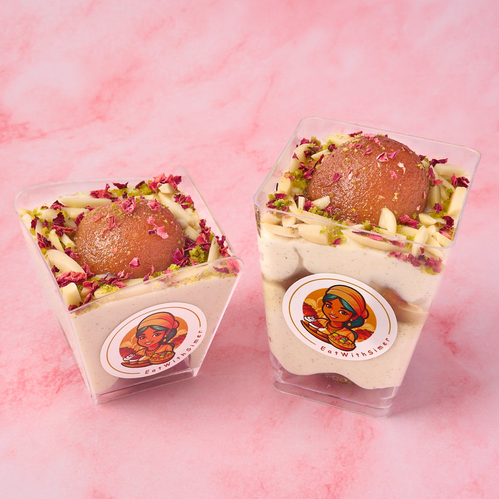 Gulab Jamun Rabdi Mousse Dessert Cups with creamy layers and whole gulab jamun topping