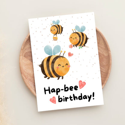 Cute birthday greeting card with bee illustration and cheerful design