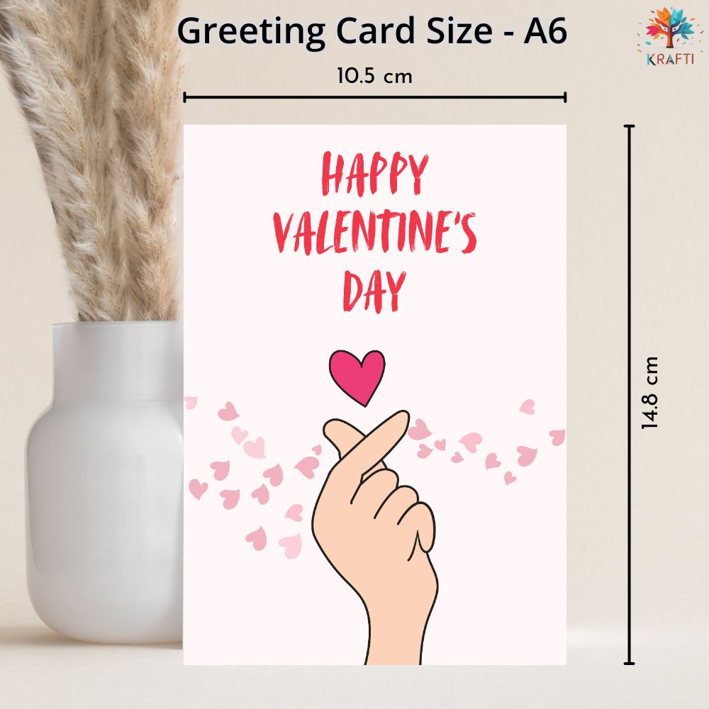 A6 size Valentine’s Day greeting card showing dimensions 10.5 cm x 14.8 cm