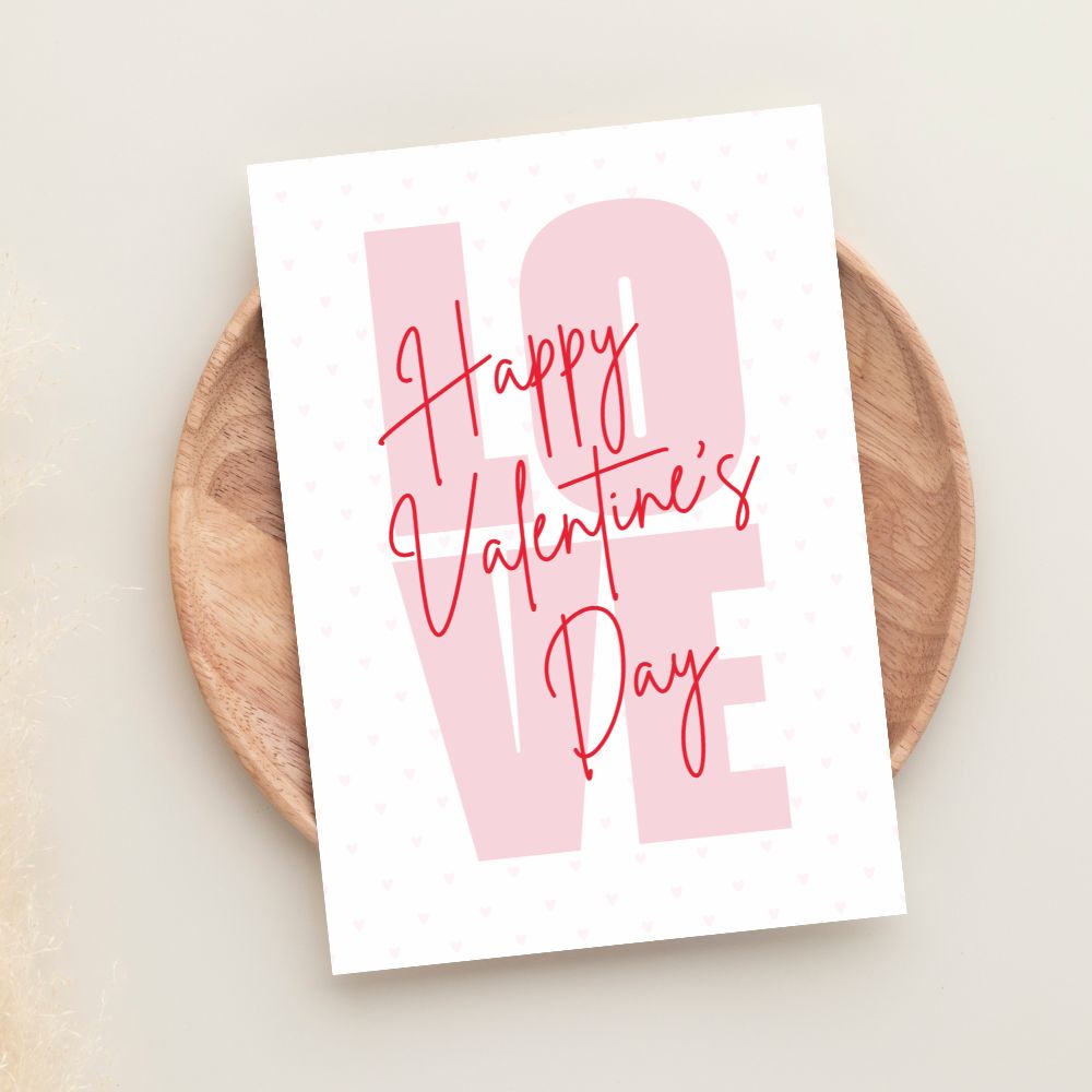 Happy Valentine’s Day greeting card with bold LOVE background and modern romantic design