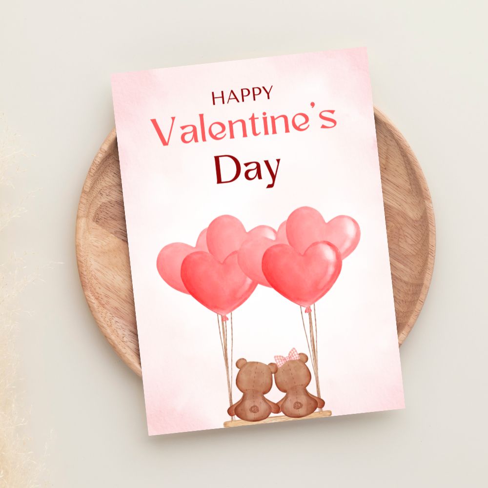 Valentine’s Day greeting card with teddy bears and heart balloons in soft romantic colours