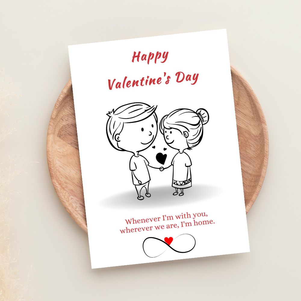 Valentine’s Day greeting card with illustrated couple and heartfelt romantic message
