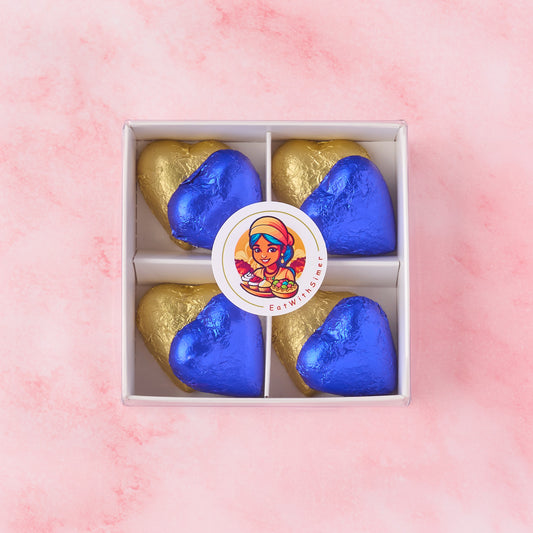 Blue and gold heart chocolate box with 8 heart-shaped chocolates in a white gift box, chocolate gift suitable for baby boy celebrations and welcome baby gifts