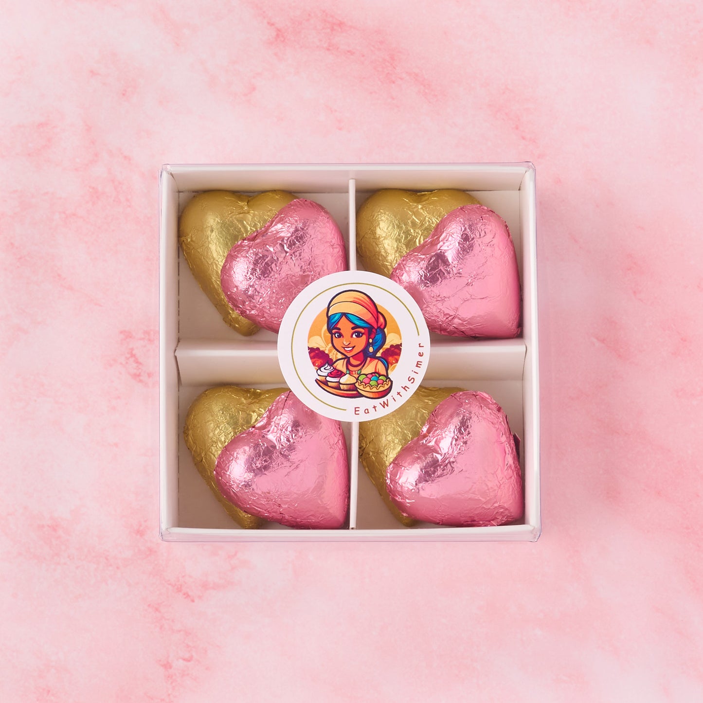 Pink and gold heart chocolate box with 8 heart-shaped chocolates in a white gift box, chocolate gift suitable for baby girl celebrations and birthdays