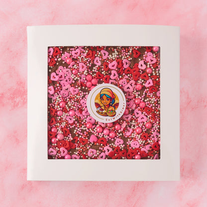 Heart-themed brownie slab gift box in clean white box, ready for gifting