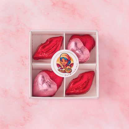 Hearts and lips chocolate box closed with EatWithSimer logo, 8 piece chocolate gift box suitable for celebrations and return gifts
