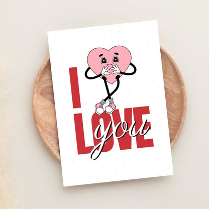 Cute Valentine’s Day greeting card with heart character illustration and I love you message