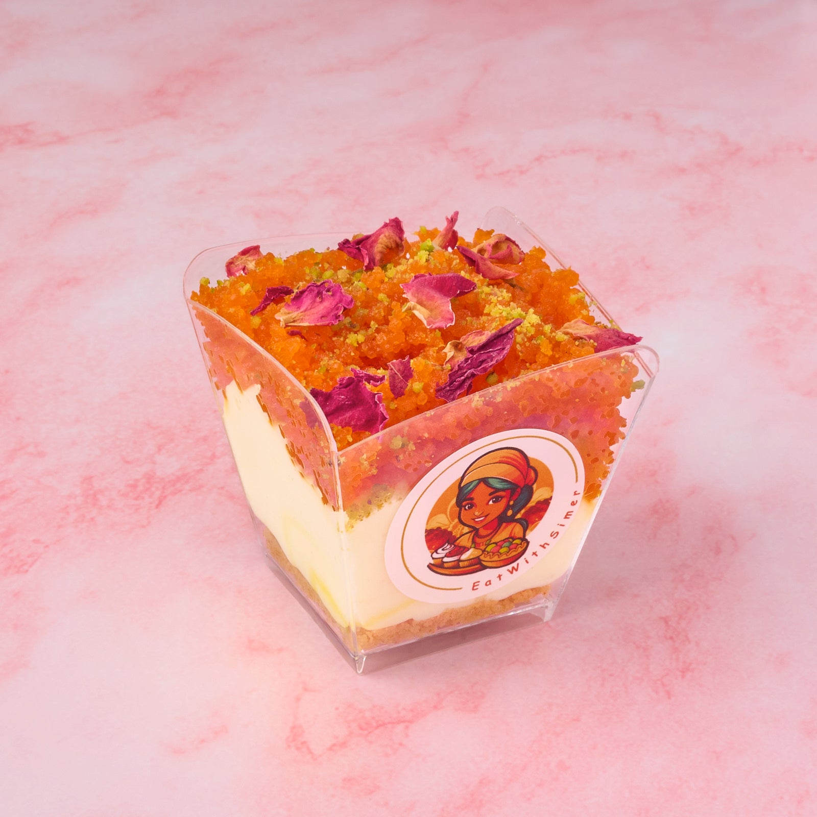 Indian-inspired Motichoor Cheesecake Mousse dessert cup with cream cheese mousse and festive topping
