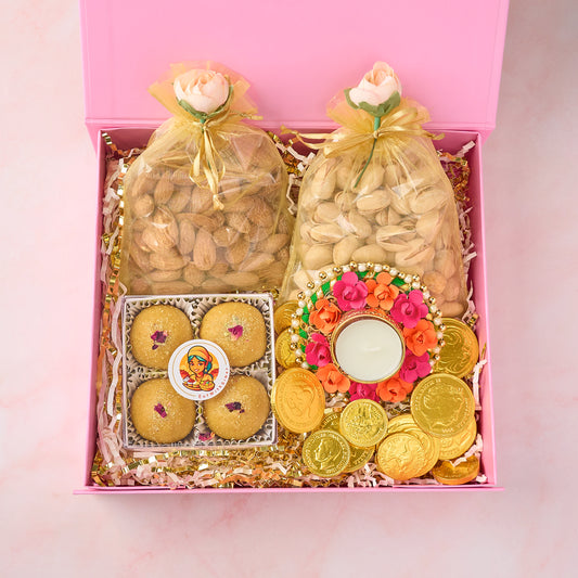 Indian sweets and nuts hamper with Besan Laddoos, roasted almonds, pistachios and gift-ready magnetic box