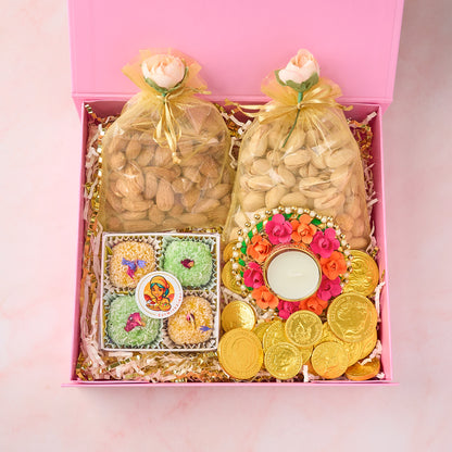 Indian sweets and nuts hamper with Mango Coconut Laddoos and Rose Gulkand Coconut Laddoos, roasted nuts, tealight holder and gold coin chocolates