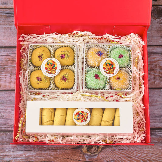 Khushi Indian mithai gift box with laddoos, nankhatai and red keepsake box