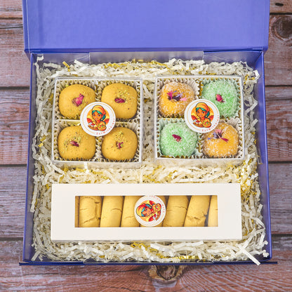 Khushi Indian sweets hamper with laddoos, nankhatai and blue magnetic keepsake box