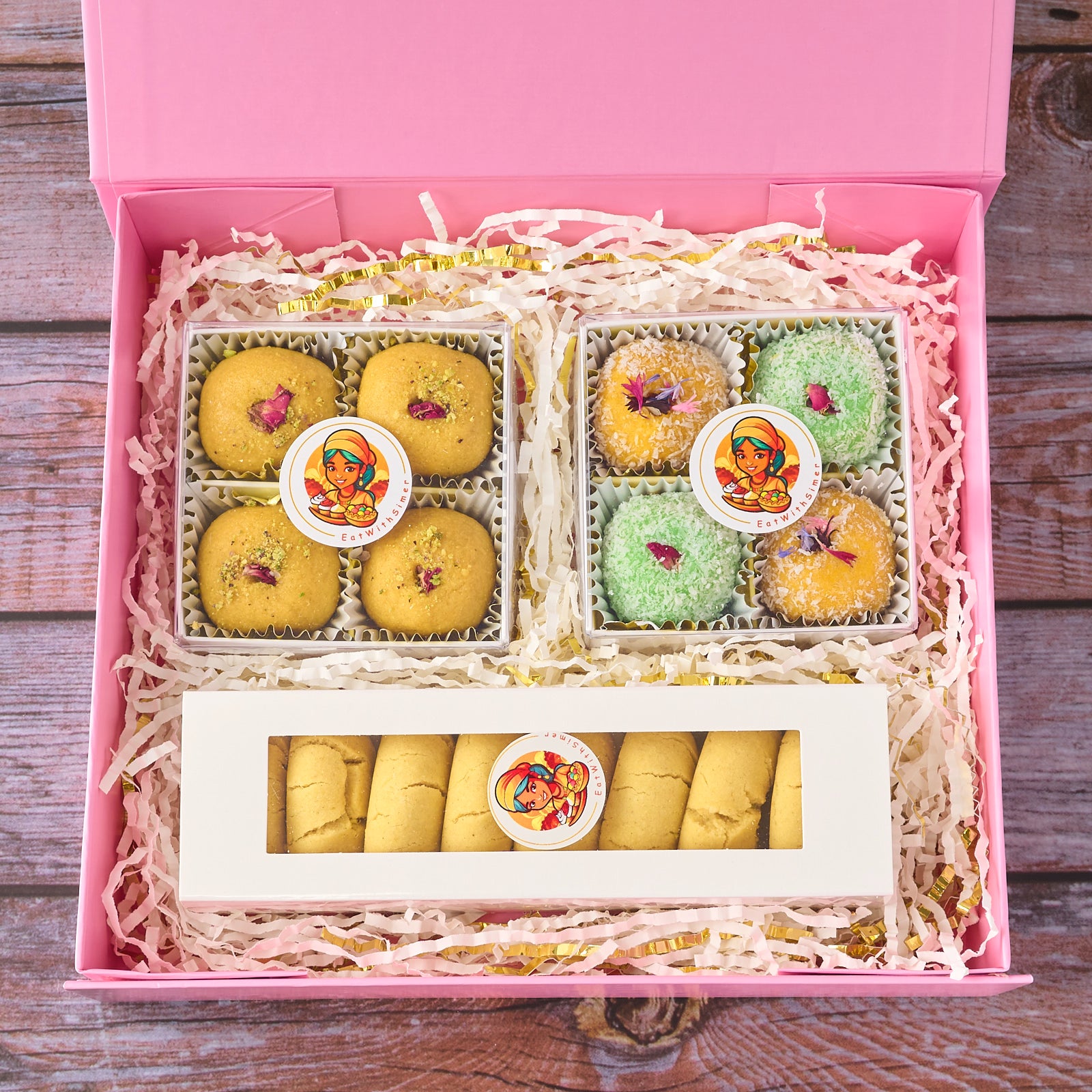 Khushi mithai gift box with laddoos, nankhatai and pink magnetic keepsake box