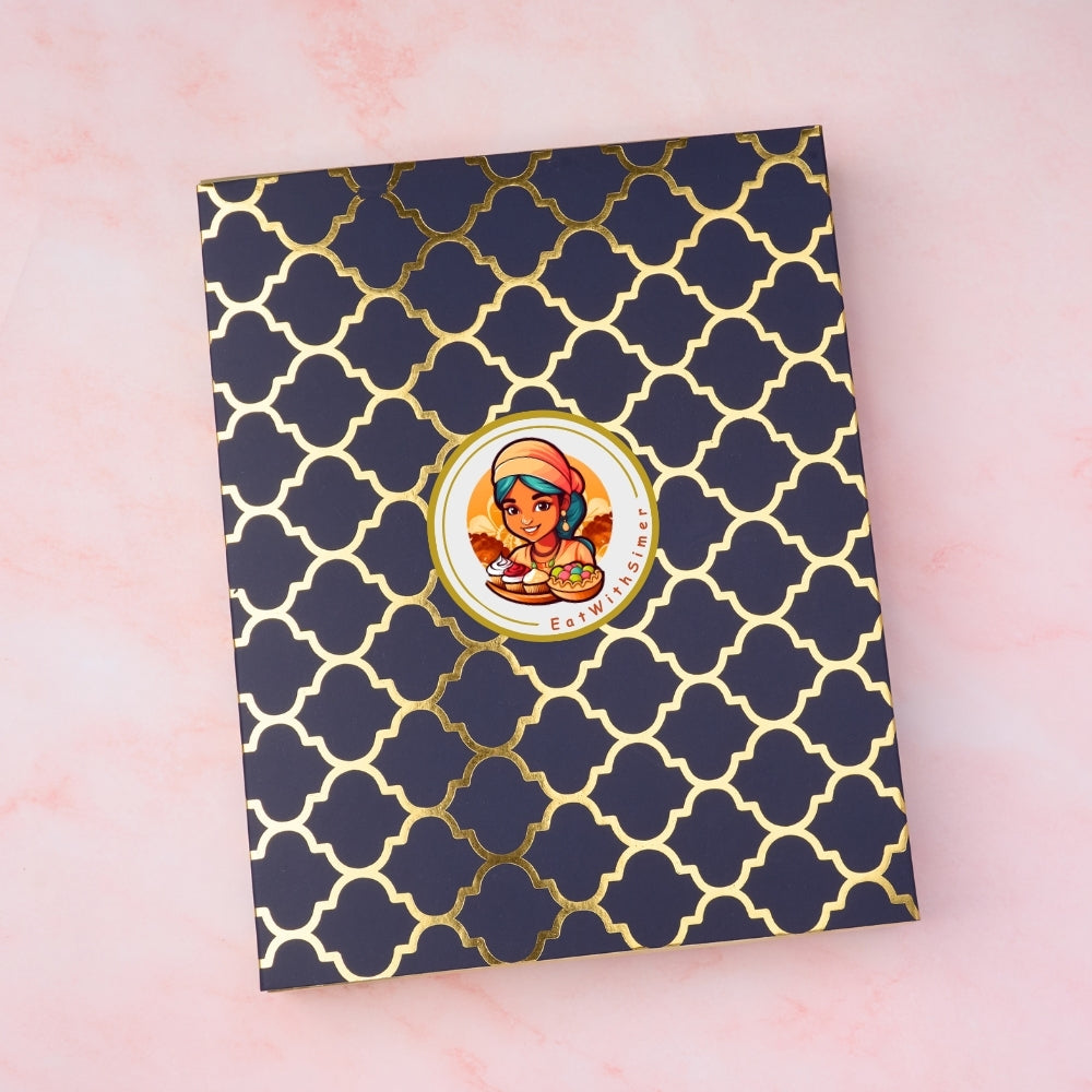 Dark blue gift box with gold pattern and EatWithSimer logo