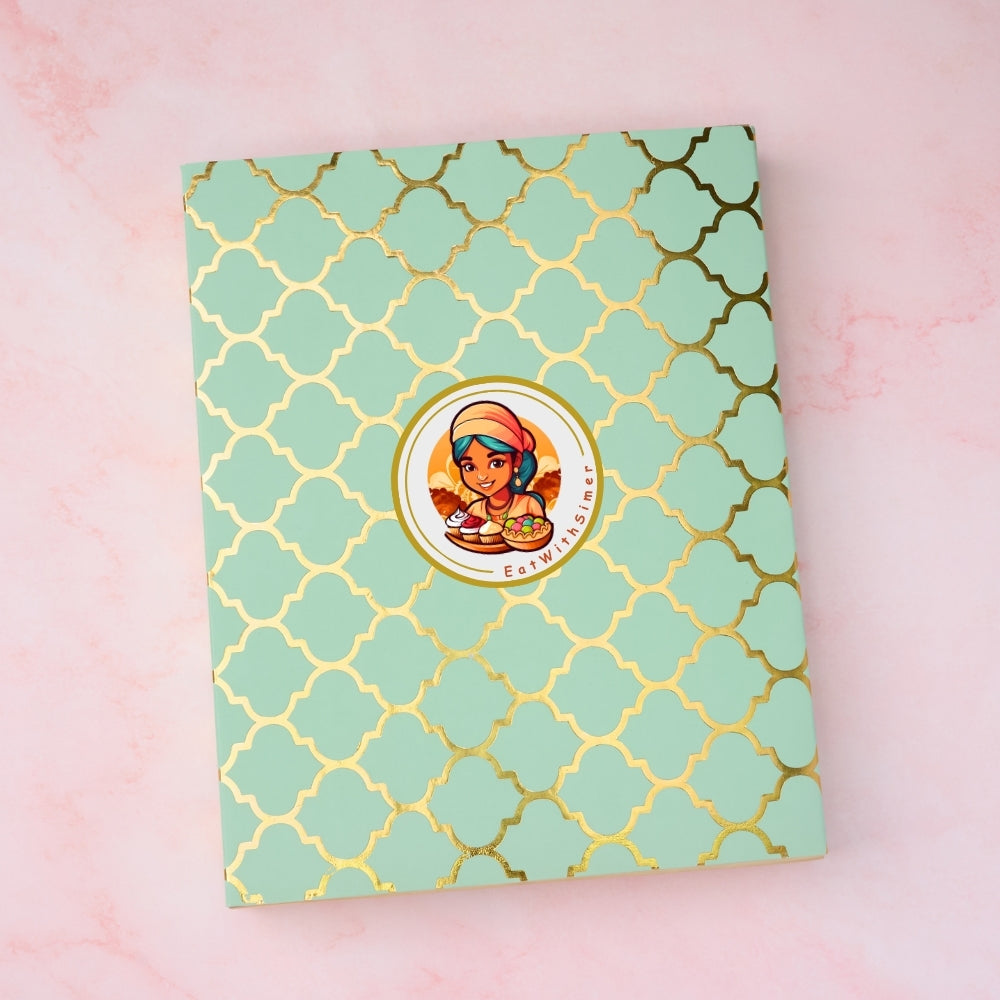 Mint gift box with gold pattern and EatWithSimer logo