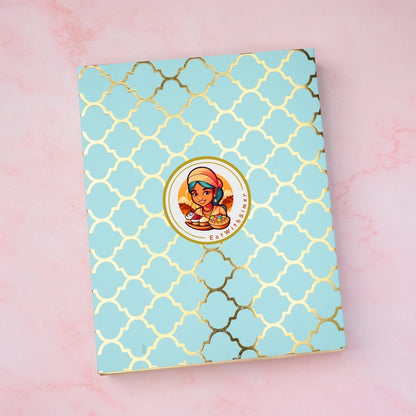 Baby blue gift box with gold pattern and EatWithSimer logo