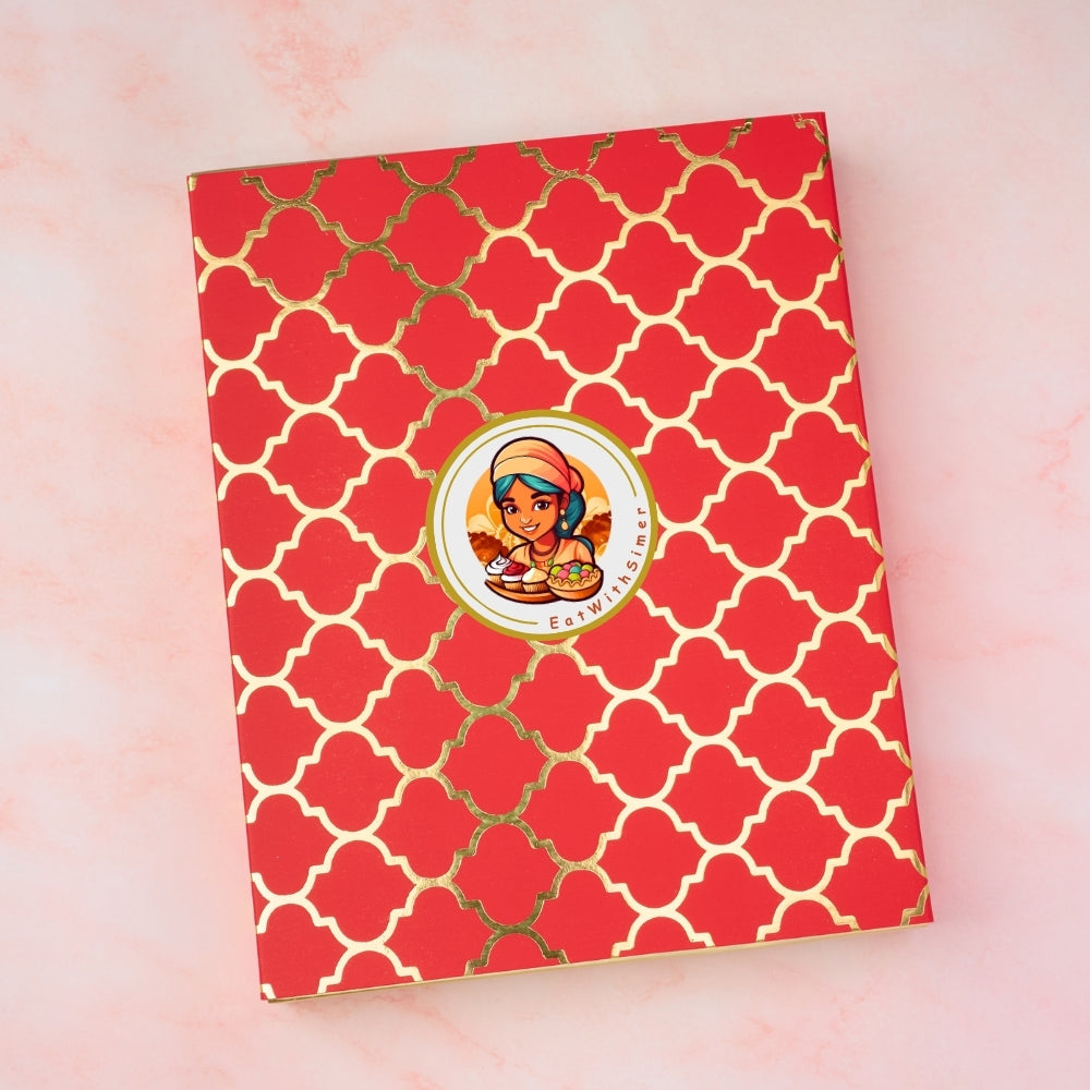 Red gift box with gold pattern and EatWithSimer logo