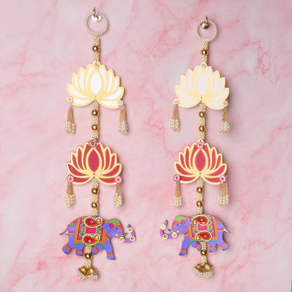 Lotus and elephant wall hangings with gold, pearl and colourful Indian decorative details
