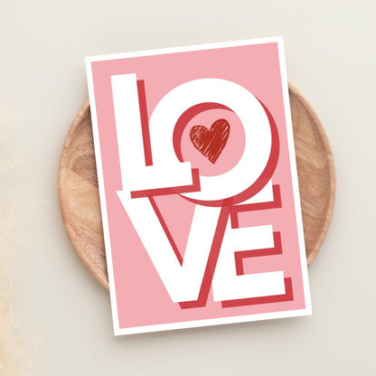 LOVE poster style greeting card with bold red typography, modern romantic design for love gifting