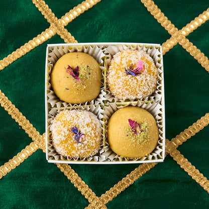 Mixed mango coconut and besan laddoo return gift box 4 pc small sweet box for pooja functions baby showers and celebrations