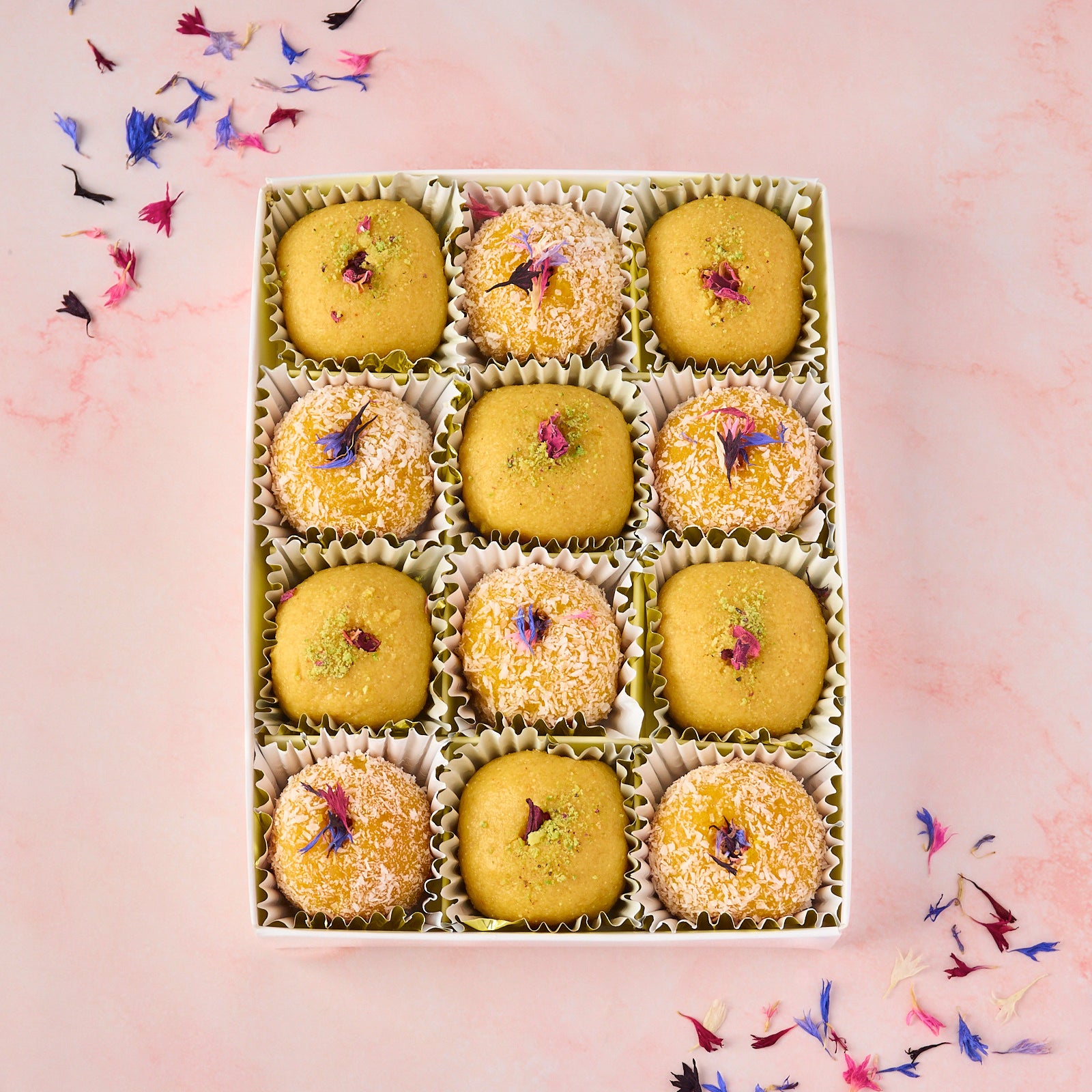 Mango Coconut and Besan Laddoo Gift Box 12 piece assorted Indian laddoos in transparent lid gift box in Australia