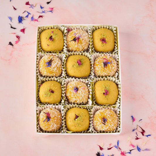 Mango Coconut and Besan Laddoo Gift Box 12 piece assorted Indian laddoos in transparent lid gift box in Australia