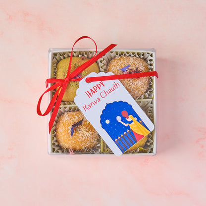 Mango coconut and besan laddoo return gift box 4 pc with ribbon and tag - mixed laddoo sweet box for weddings baby showers and festive celebrations