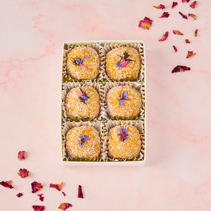 Mango Coconut Laddoo 6 piece gift box hand decorated with dried flowers, premium sweet box for gifting in Australia