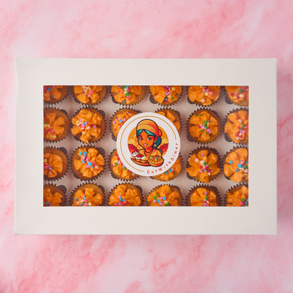 Mini eggless cupcakes presented in a box with vanilla buttercream frosting, suitable for kids parties and group celebrations in Sydney