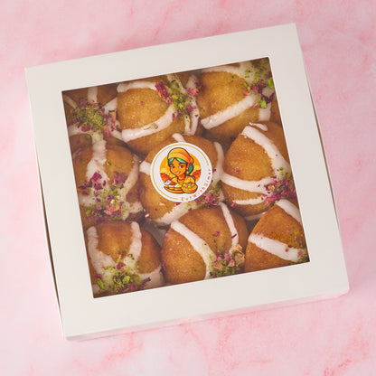 Branded gift box of eggless mini gulab jamun cakes modern Indian sweets by EatWithSimer