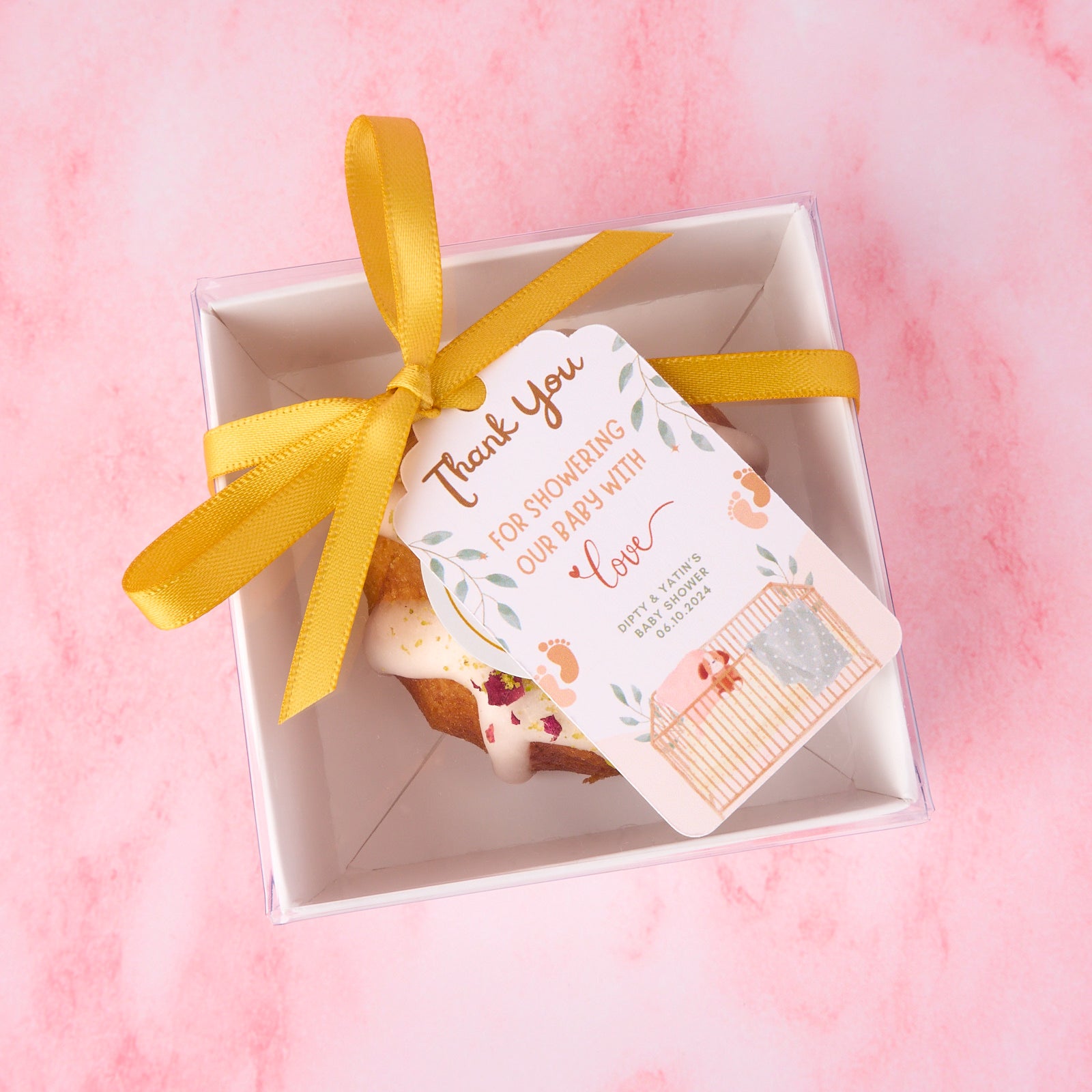 Mini gulab jamun return gift box with ribbon and personalised tag for Indian celebrations in Sydney and Australia