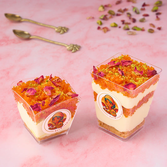Motichoor Cheesecake Mousse Cups layered with biscuit base and motichoor laddoo crumb, Indian dessert cups in Sydney