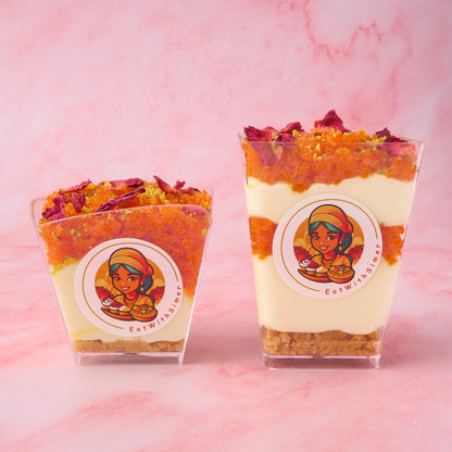 Motichoor Cheesecake Mousse Cups in medium and large sizes with biscuit base, cream cheese mousse and motichoor laddoo topping, Indian dessert cups in Sydney