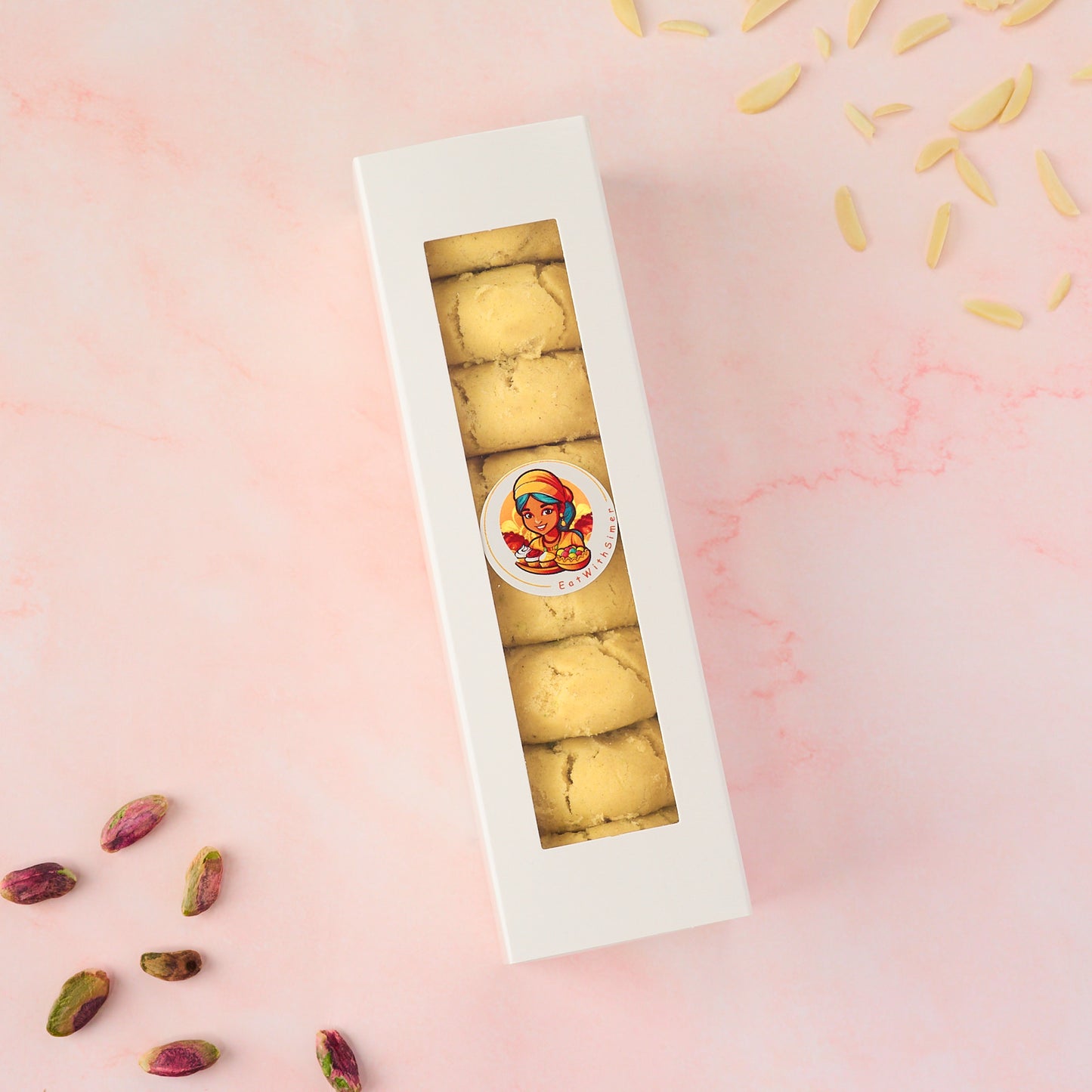 Nankhatai biscuit gift box with clear window packaging, Indian shortbread style cookies arranged in slim rectangular box