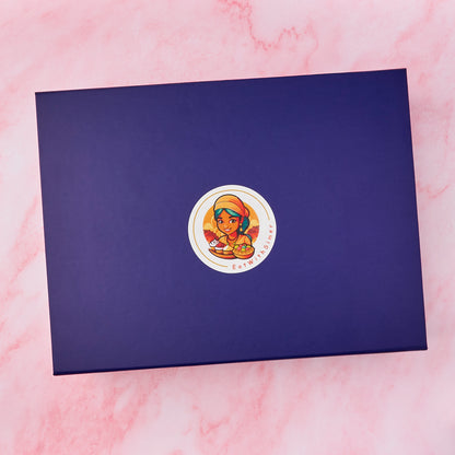 Navy blue magnetic gift box used for Indian gift hamper presentation