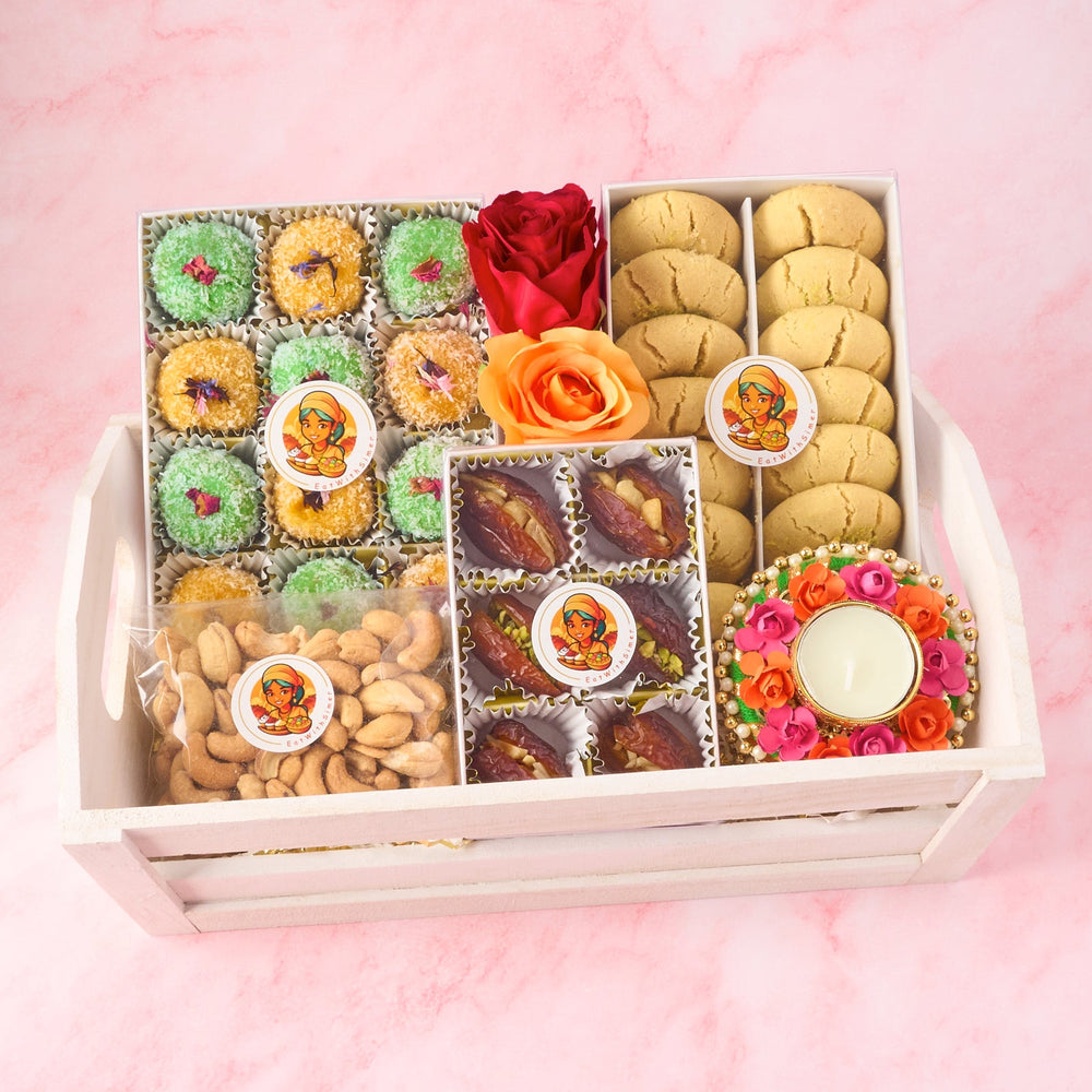 Nazrana premium Indian gift hamper with sweets, nankhatai, dates, cashews and white wooden tray