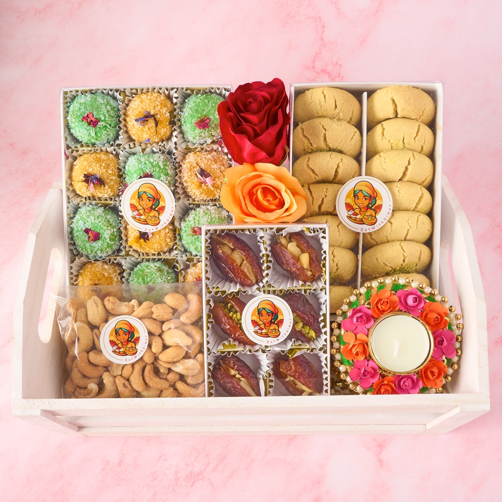 Nazrana premium Indian sweets gift basket with laddoos, nankhatai, dates and cashews in white wooden tray