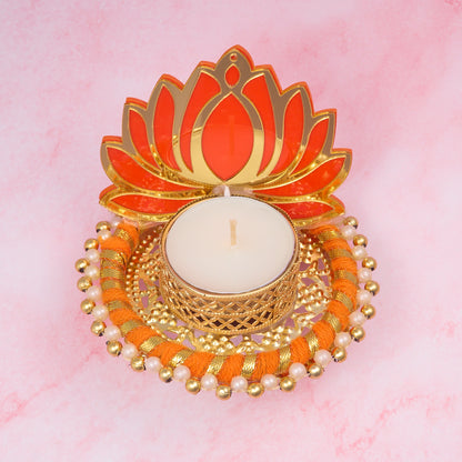 Orange lotus tealight holder with gold and pearl decorative details