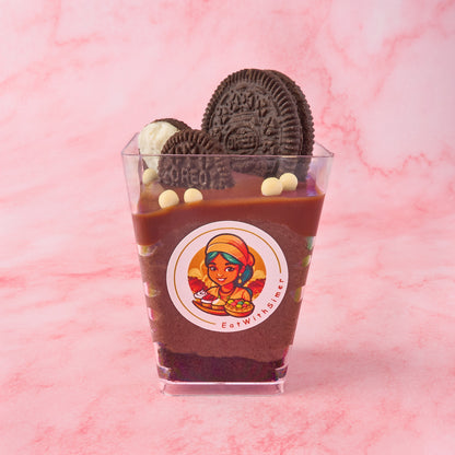 Layered Oreo chocolate mousse dessert cup with biscuit base and chocolate ganache, ready-to-serve party dessert in Sydney