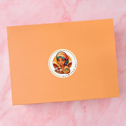 Peach magnetic keepsake gift box with EatWithSimer sticker