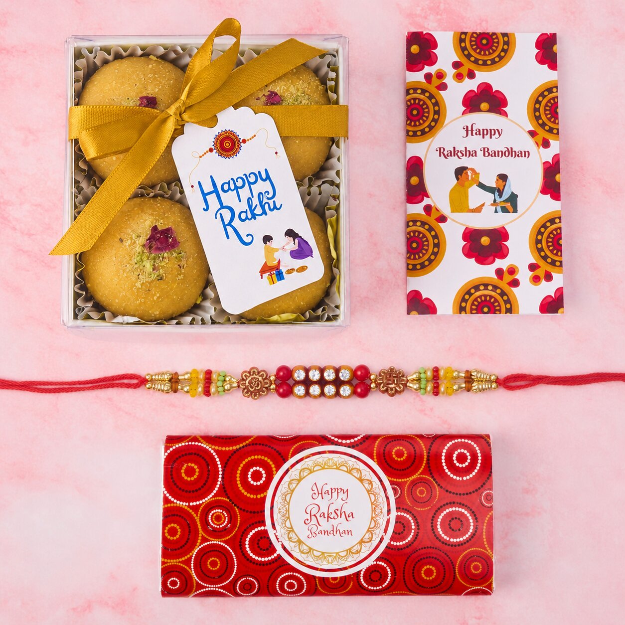 Rakhi Gift Pack with 4 Besan Laddoos, Swastika & Om Rakhi, message card and wrapped chocolate bar