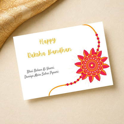 Landscape Raksha Bandhan greeting card with floral rakhi and Bhai Behan Ki Yaari message