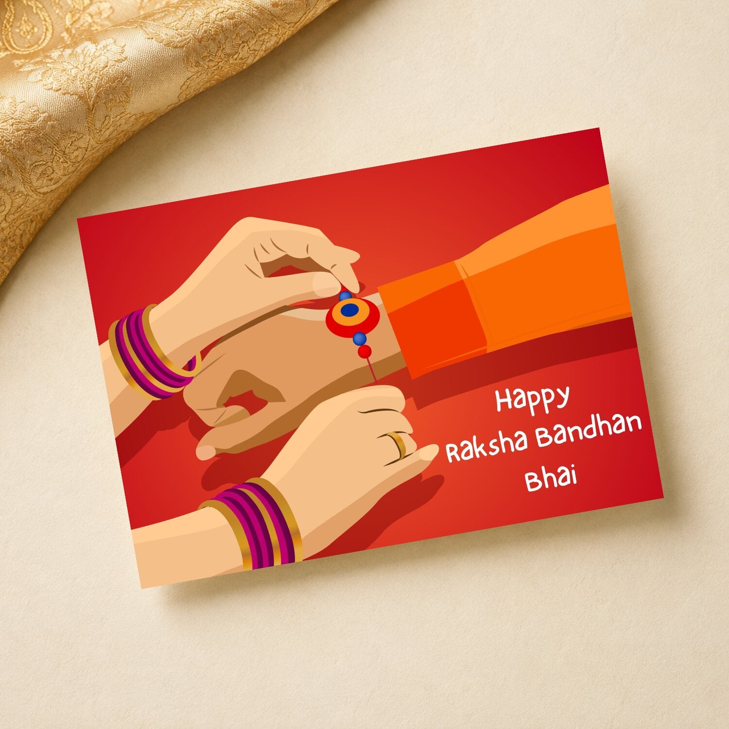 Landscape Raksha Bandhan greeting card showing a rakhi being tied with Happy Raksha Bandhan Bhai text