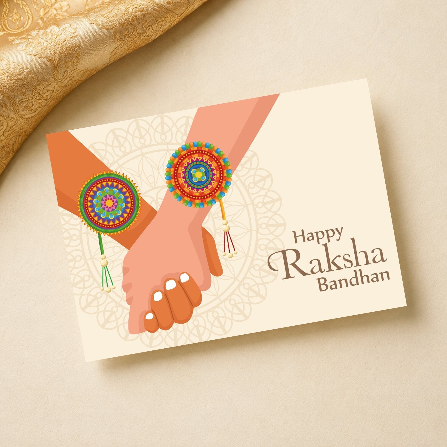 Landscape Raksha Bandhan greeting card with colourful rakhis and intertwined hands