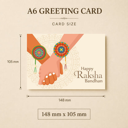 A6 landscape Raksha Bandhan greeting card size guide showing 148 mm x 105 mm