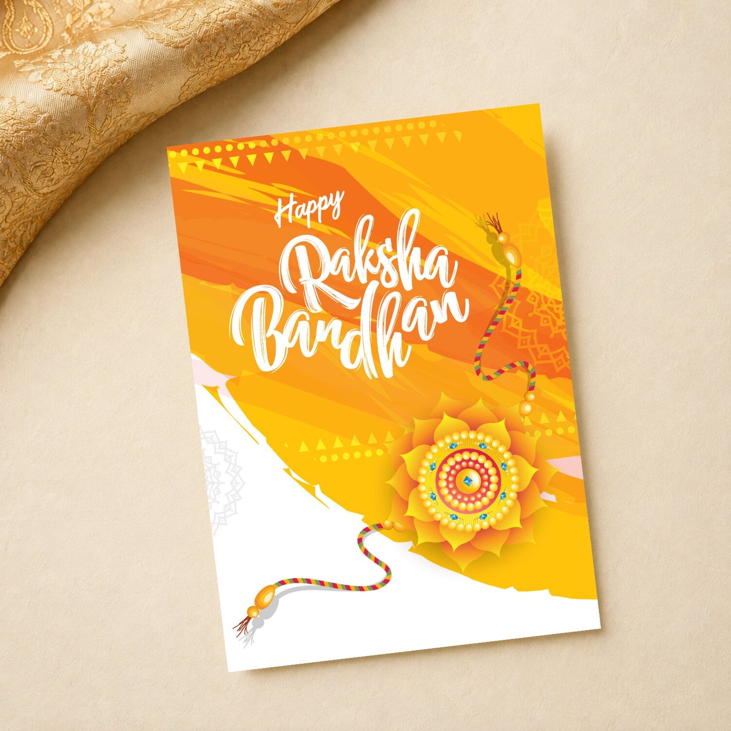 Portrait orange Raksha Bandhan greeting card with decorative rakhi
