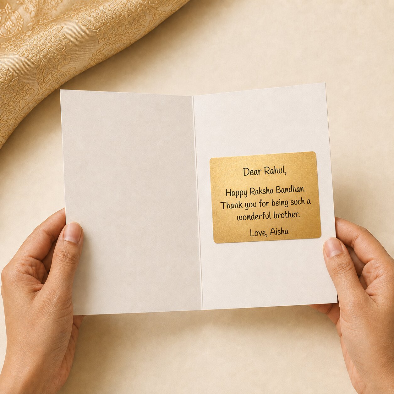 Open Raksha Bandhan greeting card held in hands with a personalised gold foil message sticker inside
